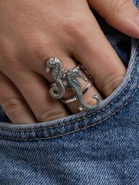 Silver Seahorse Statement Ring with Teal Stones